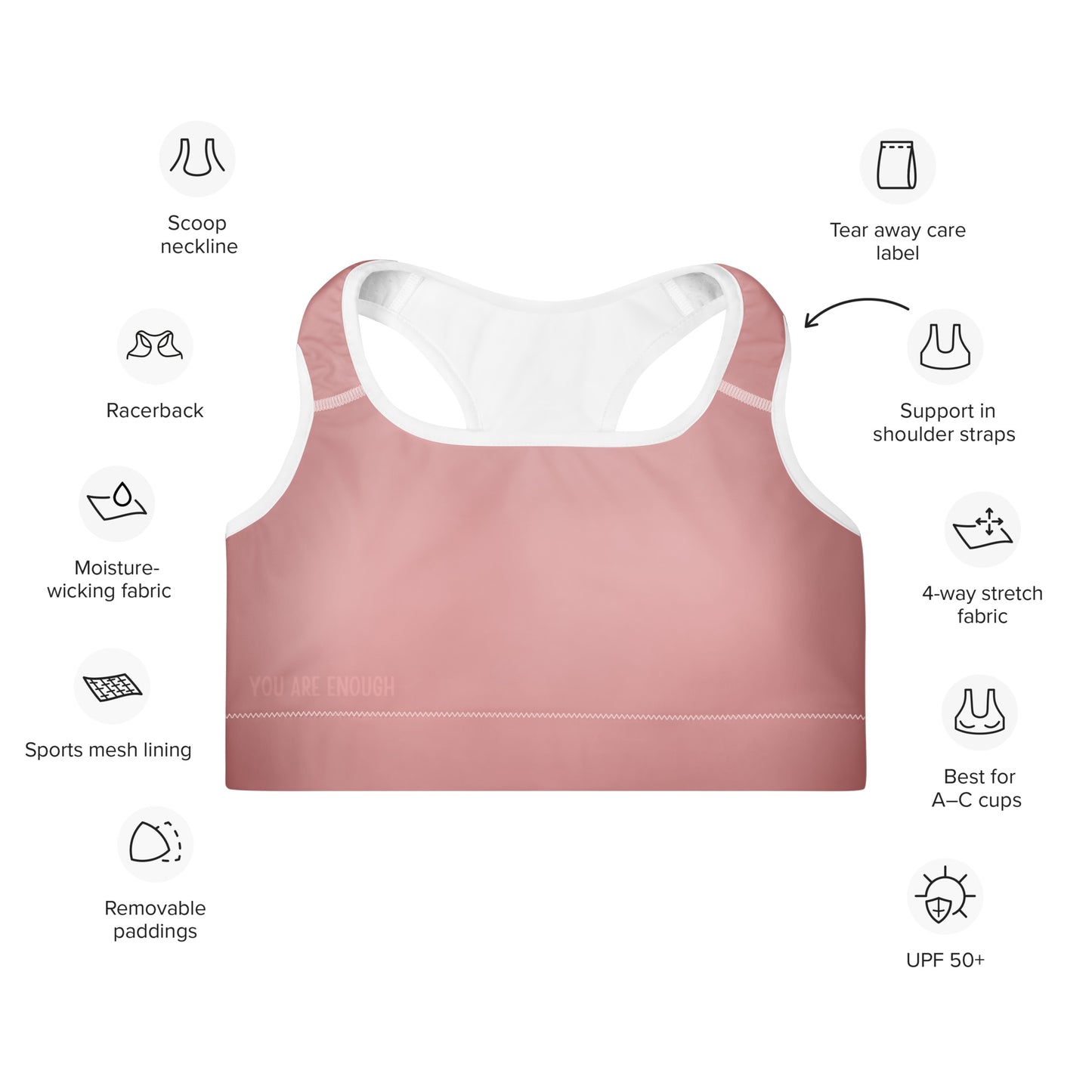 You Are Enough Padded Sports Bra - Blush Rose