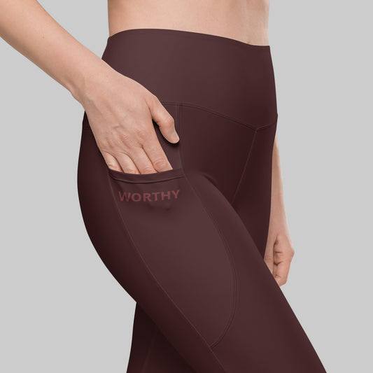 You Are Worthy Eco-Friendly Recycled Leggings with Pockets - Oxblood Burgundy