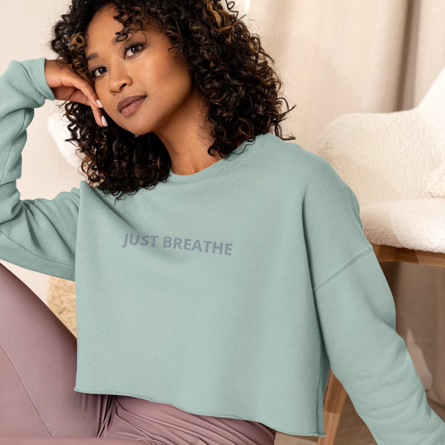 Just Breathe In & Out Women's Embroidered Fleece Crop Sweatshirt – Mint
