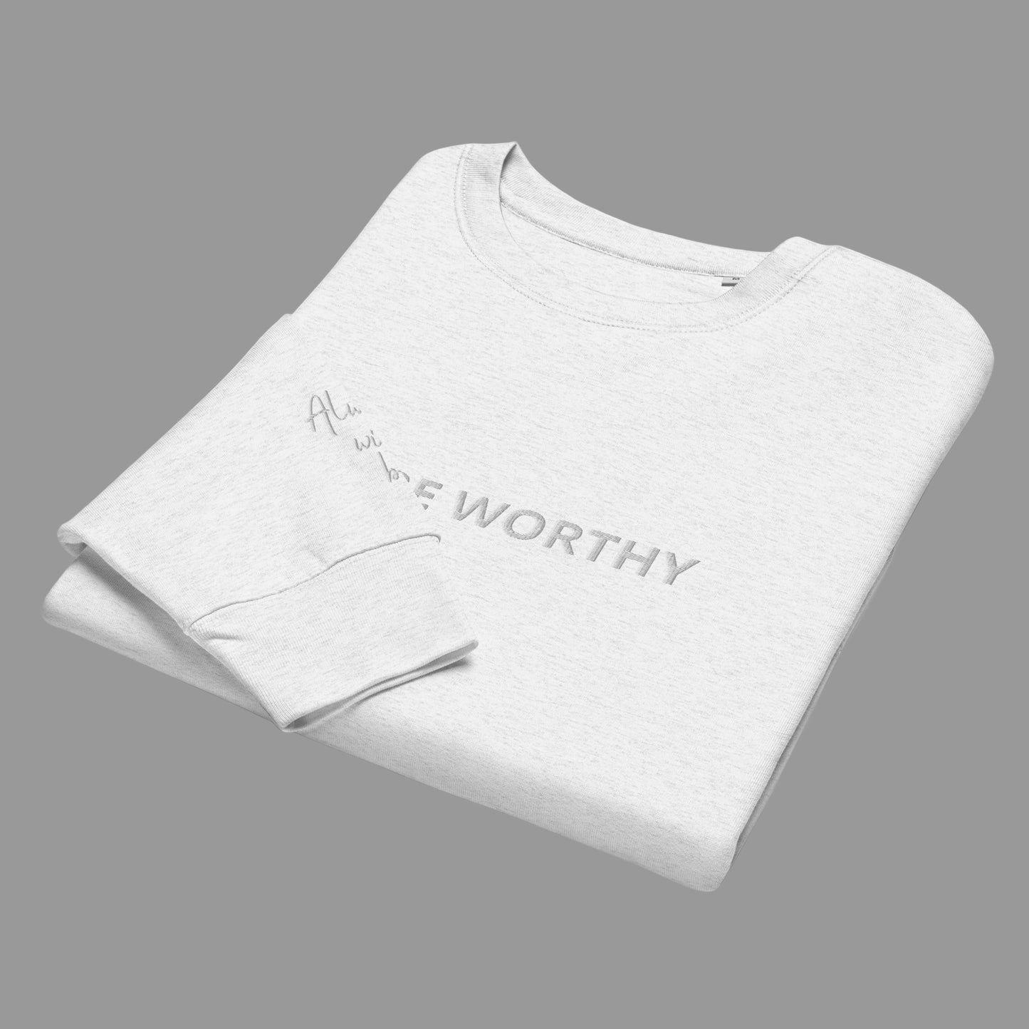 You Are Worthy Women’s Embroidered Fleece Organic Crewneck Sweatshirt - Navy Blue, Green Bay, Heather Gray and White