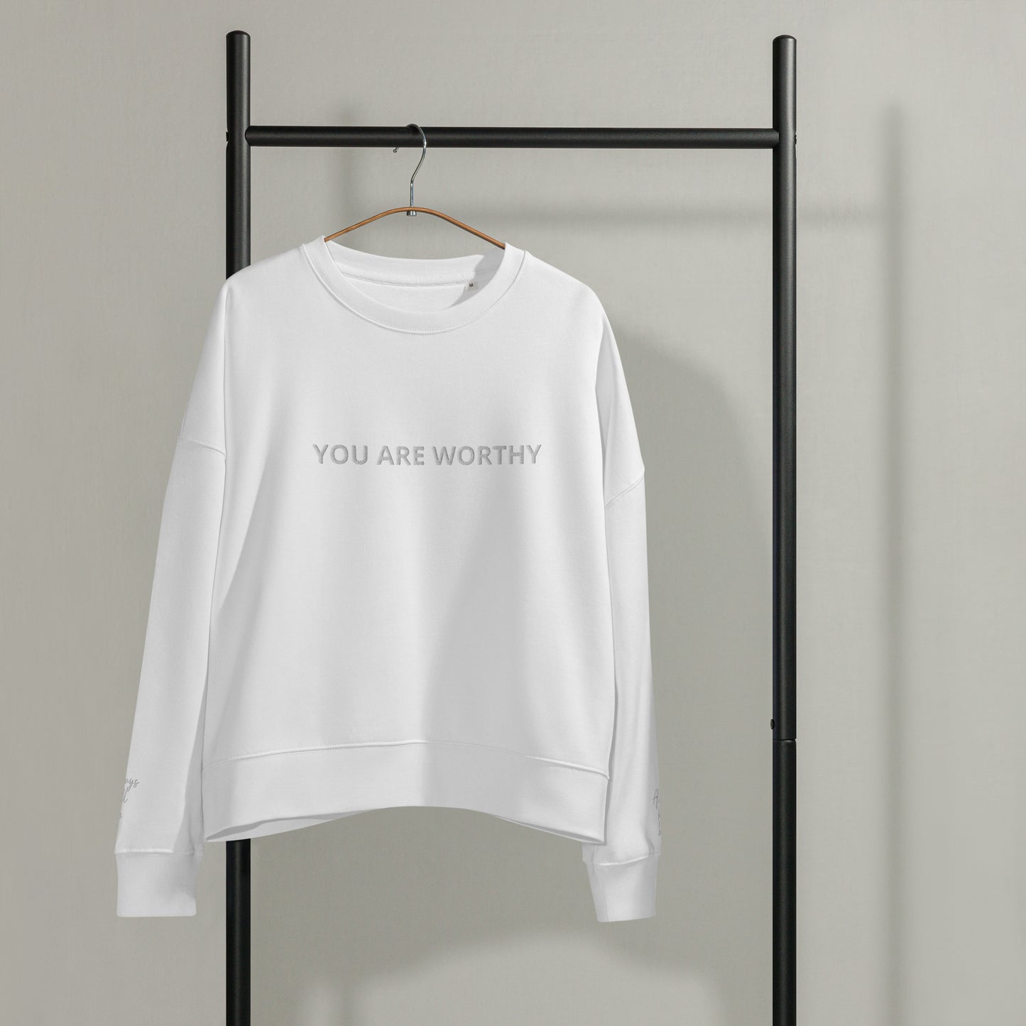 You Are Worthy Women’s Embroidered Fleece Organic Crewneck Sweatshirt - Navy Blue, Green Bay, Heather Gray and White