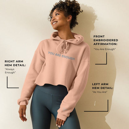 You Are Enough Embroidered Crop Hoodie with Soft Fleece – Peach