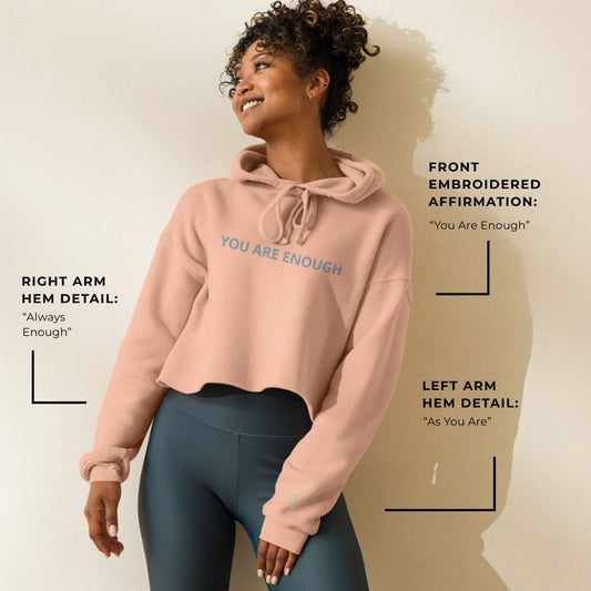 You Are Enough Embroidered Crop Hoodie with Soft Fleece – Peach