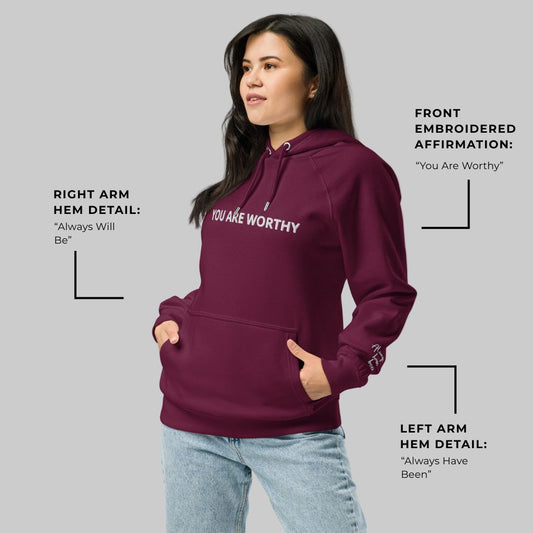 You Are Worthy Embroidered Eco Raglan Hoodie - Black, Burgundy, Green