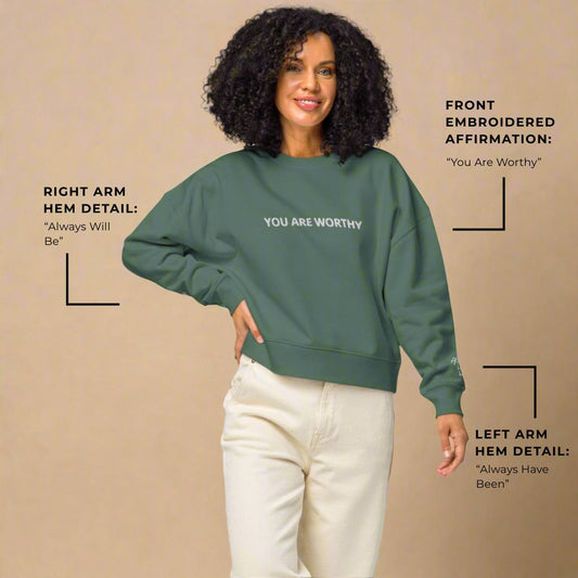 You Are Worthy Women’s Embroidered Fleece Organic Crewneck Sweatshirt - Navy Blue, Green Bay, Heather Gray and White