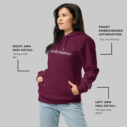 You Are Worthy Embroidered Eco Raglan Hoodie - Black, Burgundy, Green