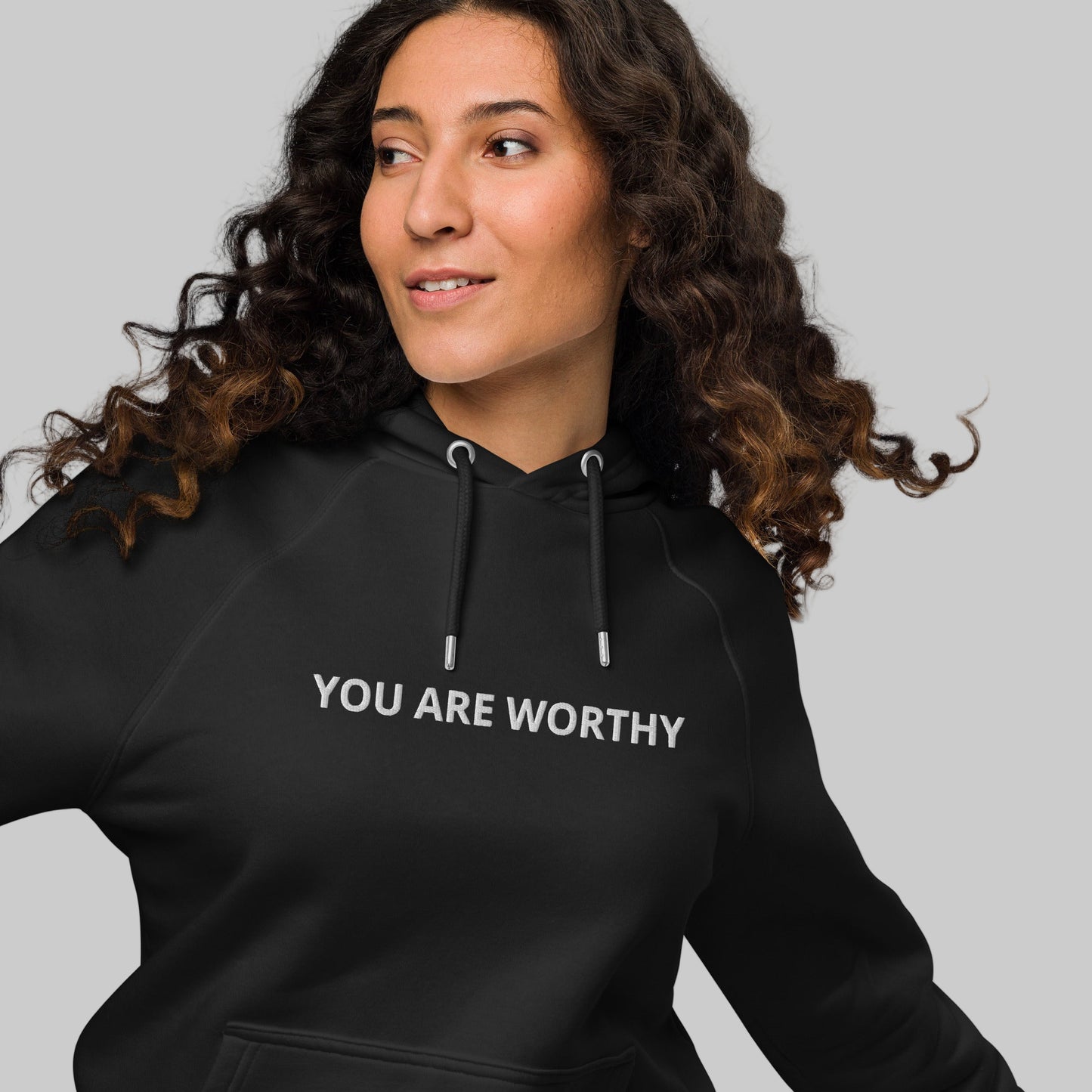 You Are Worthy Embroidered Eco Raglan Hoodie - Black, Burgundy, Green