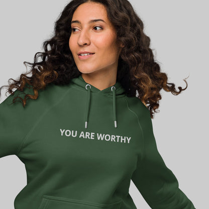 You Are Worthy Embroidered Eco Raglan Hoodie - Black, Burgundy, Green