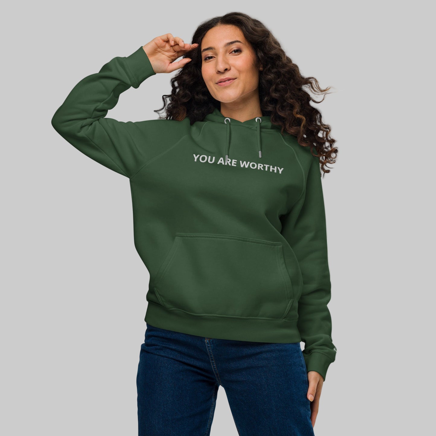 You Are Worthy Embroidered Eco Raglan Hoodie - Black, Burgundy, Green