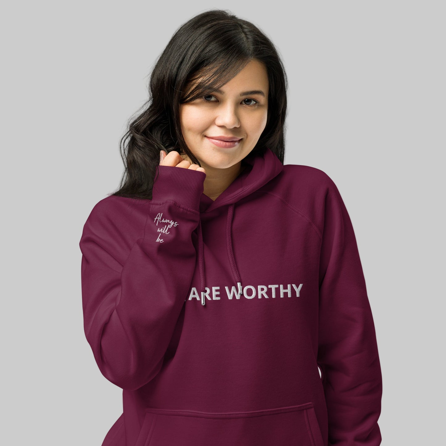 You Are Worthy Embroidered Eco Raglan Hoodie - Black, Burgundy, Green