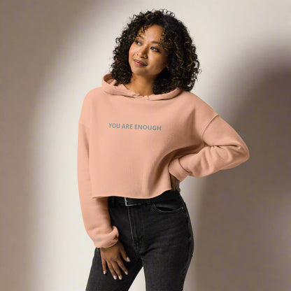 You Are Enough Embroidered Crop Hoodie with Soft Fleece – Peach