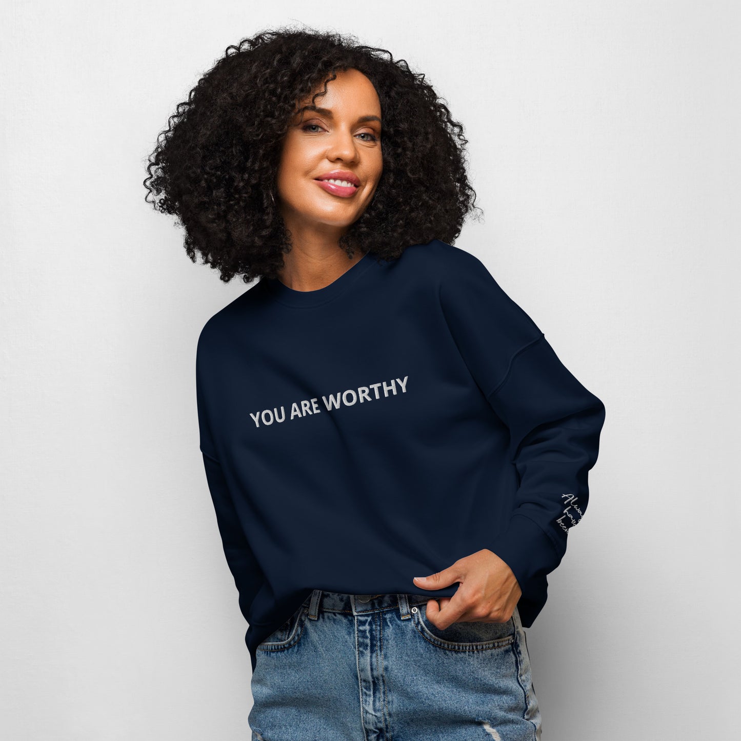 You Are Worthy Women’s Embroidered Fleece Organic Crewneck Sweatshirt - Navy Blue, Green Bay, Heather Gray and White