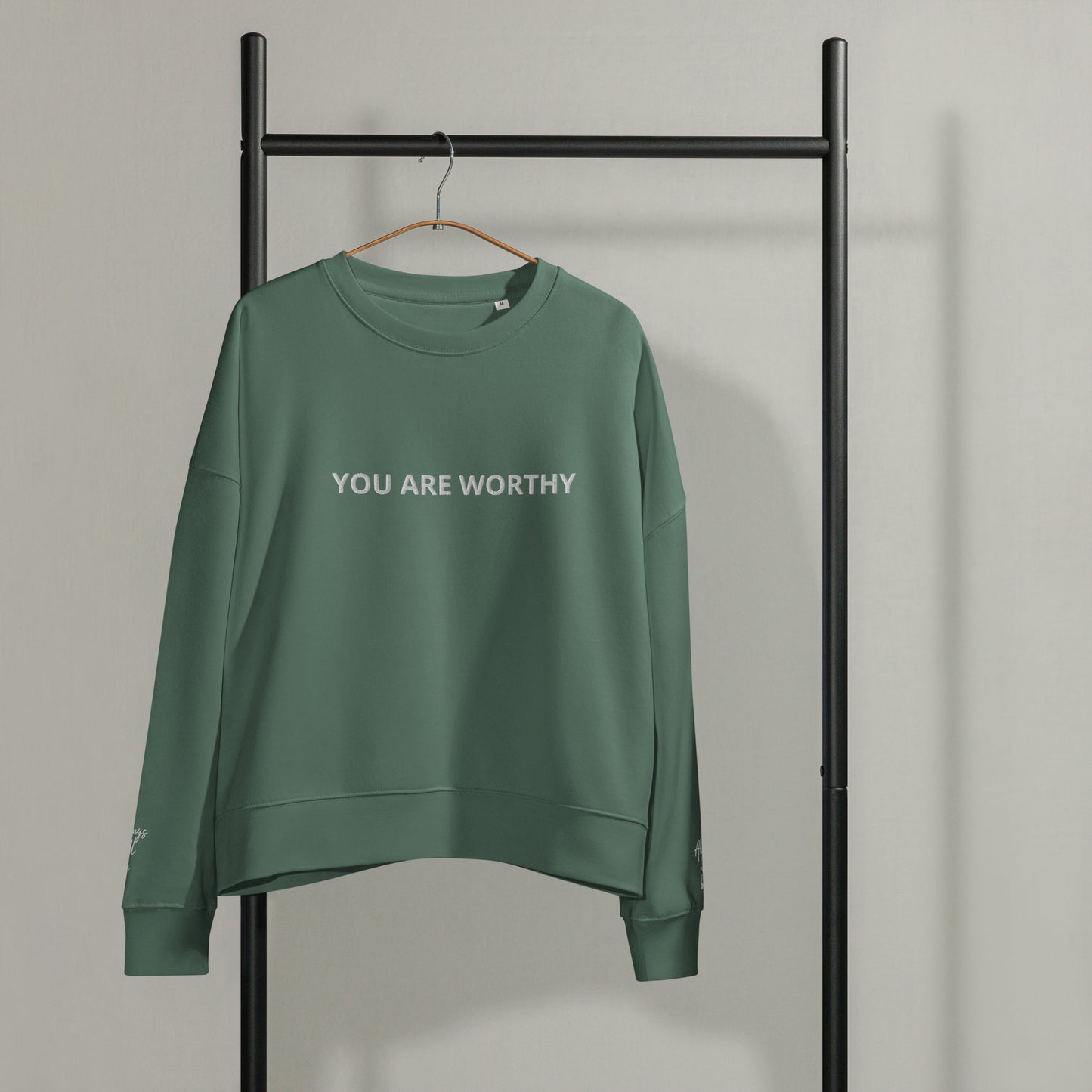 You Are Worthy Women’s Embroidered Fleece Organic Crewneck Sweatshirt - Navy Blue, Green Bay, Heather Gray and White