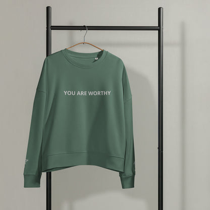 You Are Worthy Women’s Embroidered Fleece Organic Crewneck Sweatshirt - Navy Blue, Green Bay, Heather Gray and White