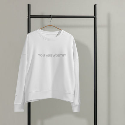 You Are Worthy Women’s Embroidered Fleece Organic Crewneck Sweatshirt - Navy Blue, Green Bay, Heather Gray and White